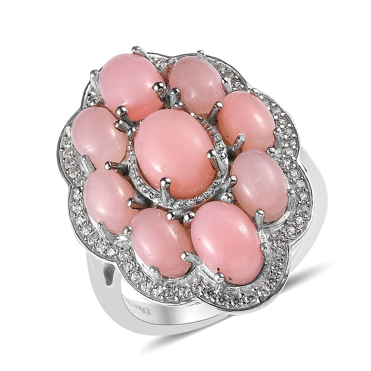 Premium Peruvian Pink Opal and White Zircon Floral Ring in Platinum Over Sterling Silver (Size 10.0) 6.65 ctw