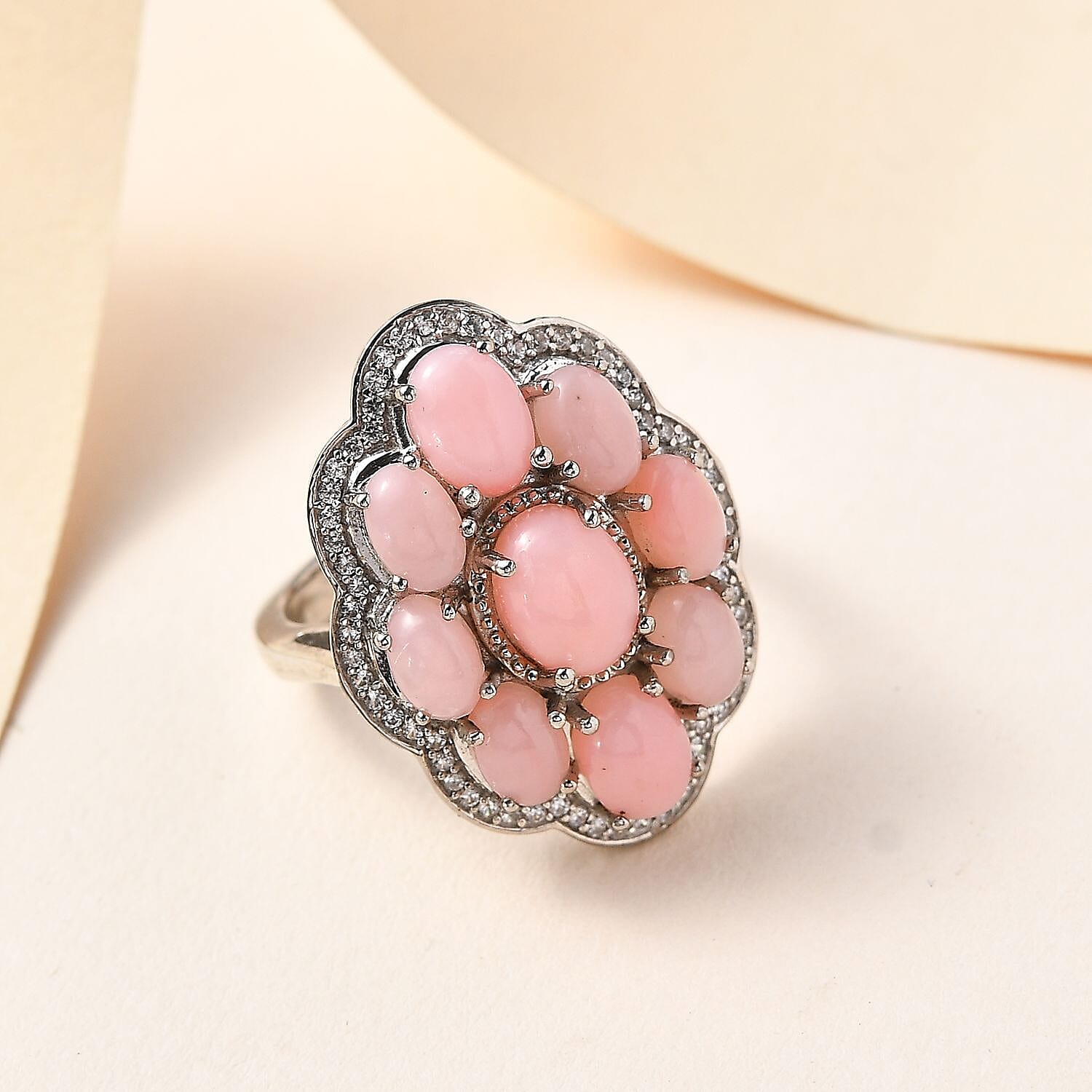 Premium Peruvian Pink Opal and White Zircon Floral Ring in Platinum Over Sterling Silver (Size 10.0) 6.65 ctw