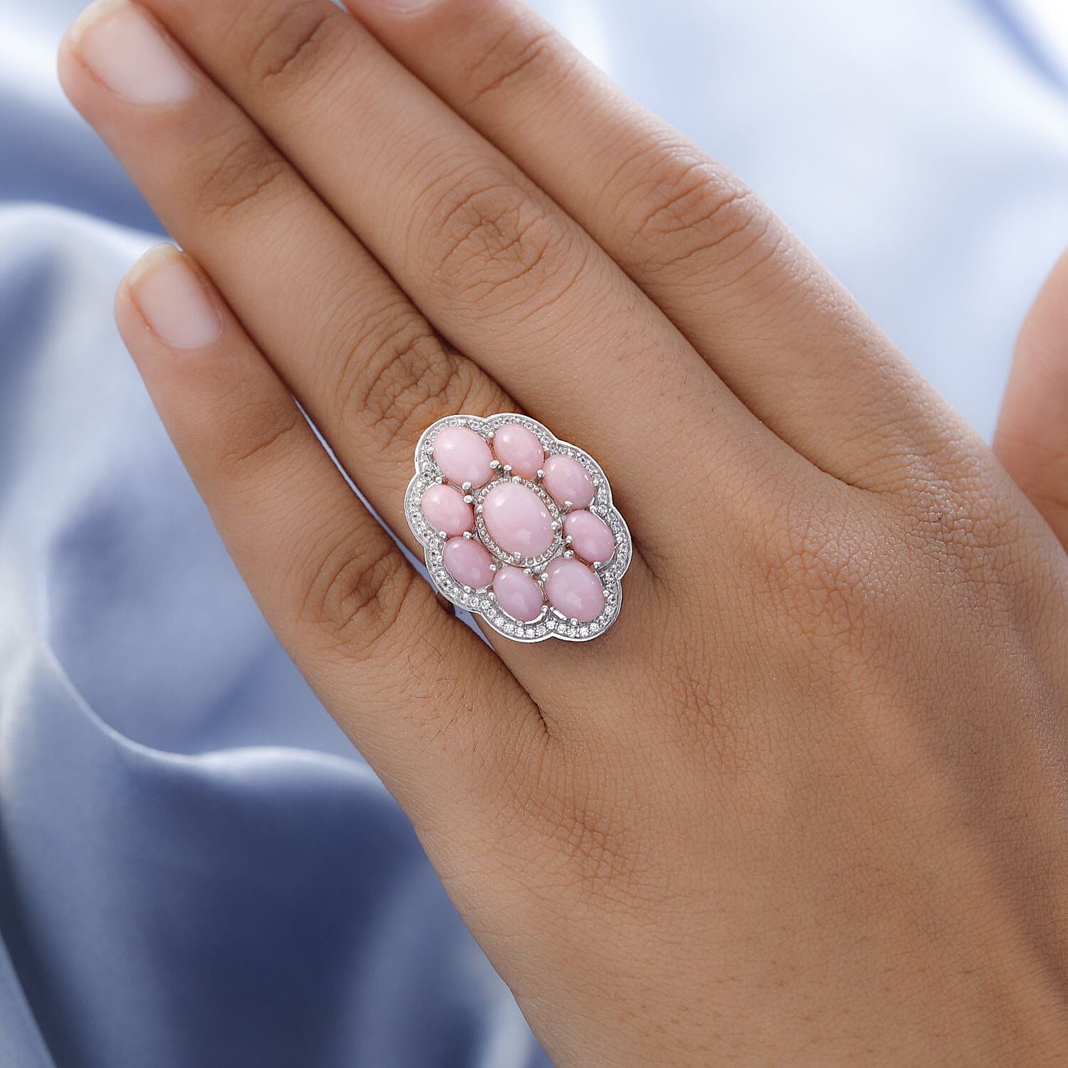 Premium Peruvian Pink Opal and White Zircon Floral Ring in Platinum Over Sterling Silver (Size 10.0) 6.65 ctw