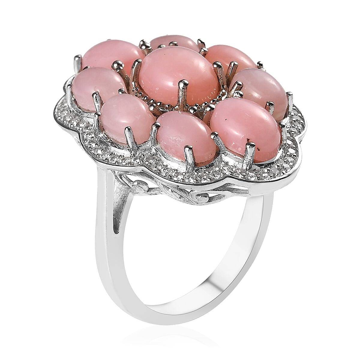 Premium Peruvian Pink Opal and White Zircon Floral Ring in Platinum Over Sterling Silver (Size 10.0) 6.65 ctw