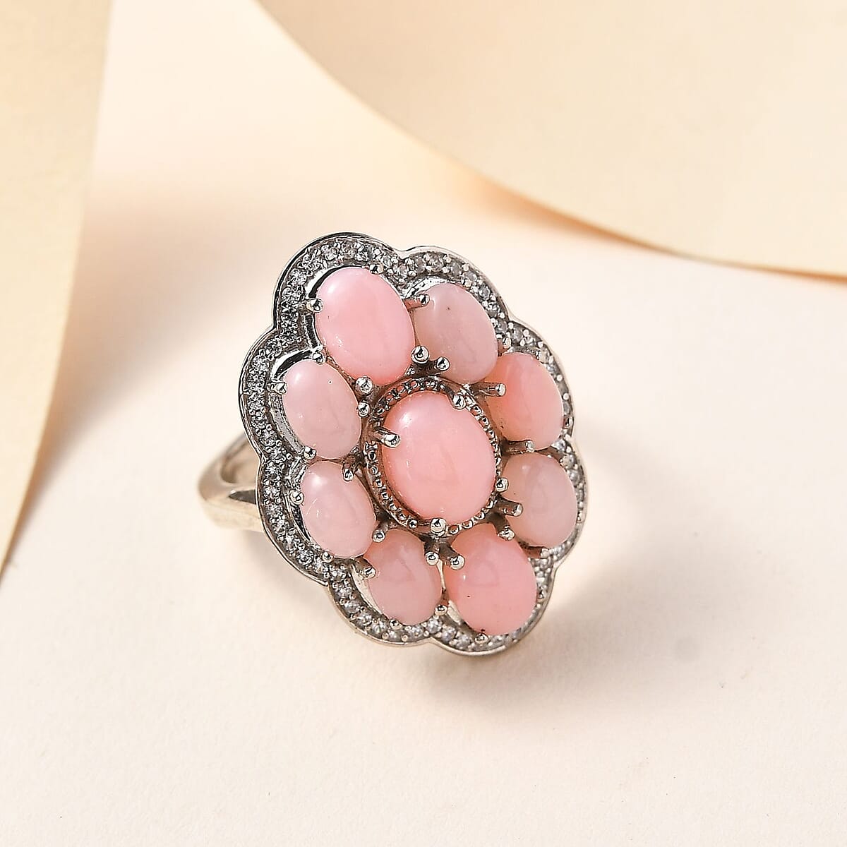 Premium Peruvian Pink Opal and White Zircon Floral Ring in Platinum Over Sterling Silver (Size 6.0) 6.65 ctw (Del. in 7-10 Days) image number 1