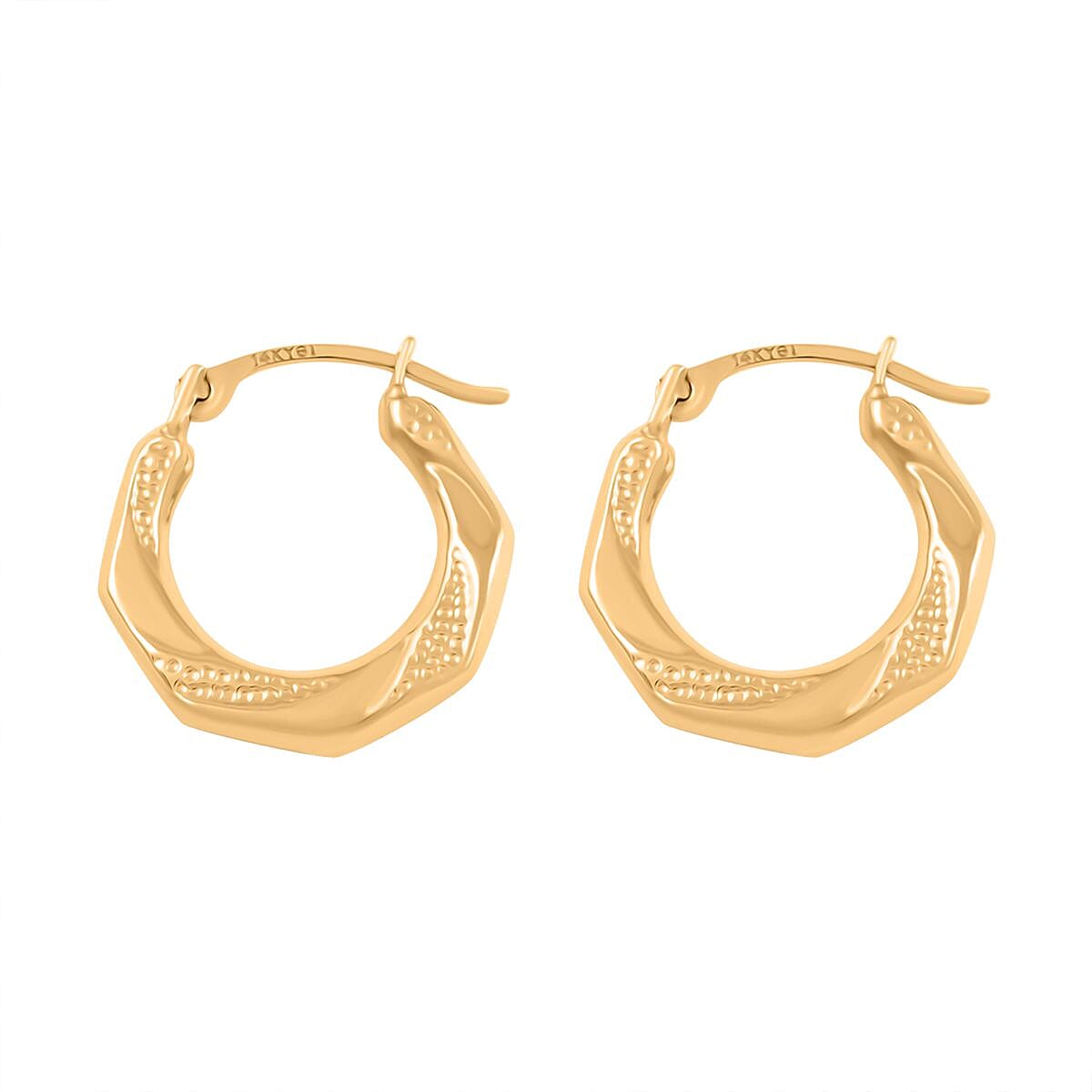 14K Yellow Gold 15X2MM Polished & Textured Octagonal Hoop Earrings image number 3