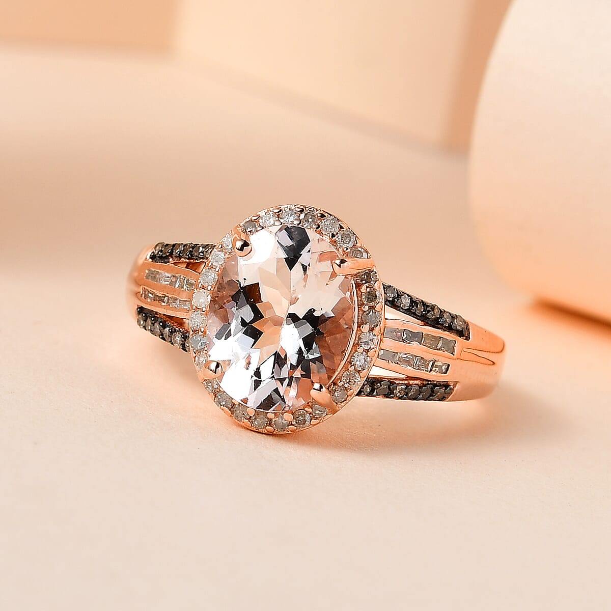 Pink Morganite, Natural Champagne and White Diamond Halo Ring in Vermeil Rose Gold Over Sterling Silver (Size 9.0) 2.65 ctw image number 1