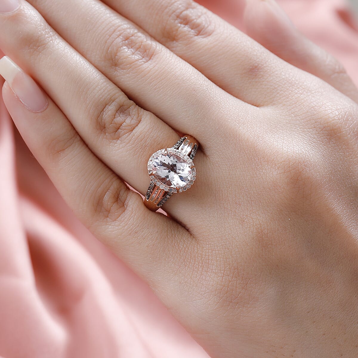 Pink Morganite, Natural Champagne and White Diamond Halo Ring in Vermeil Rose Gold Over Sterling Silver (Size 9.0) 2.65 ctw image number 2