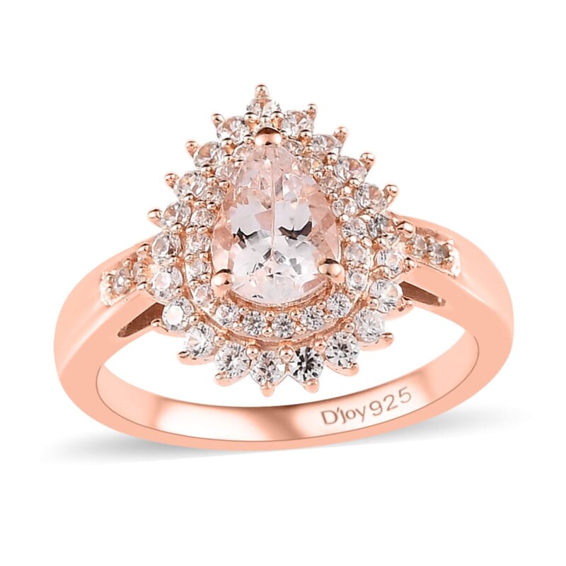 Pink Morganite and White Zircon Double Halo Ring in Vermeil Rose Gold Over Sterling Silver (Size 10.0) 1.15 ctw