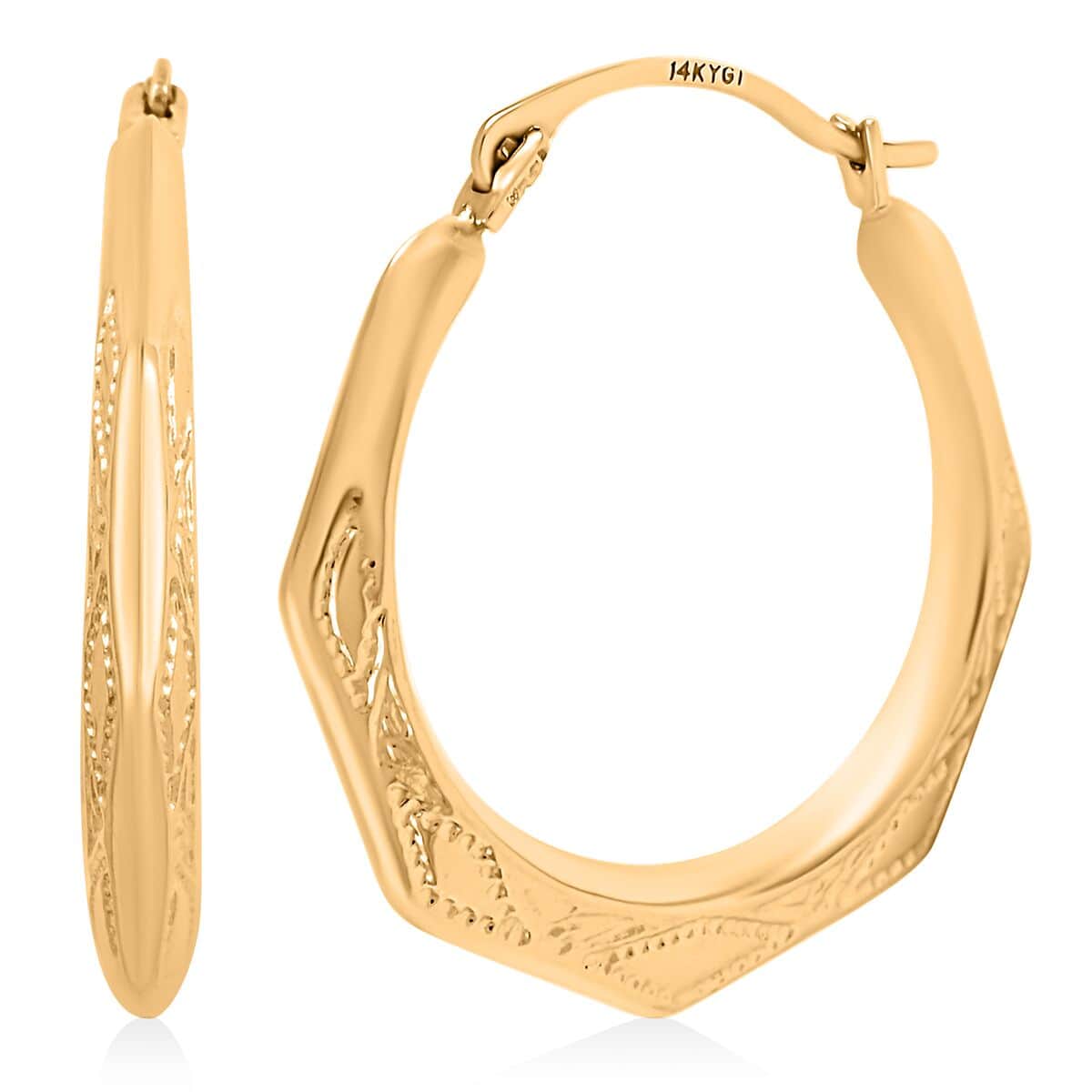 14K Yellow Gold Diamond-Cut Hexagon Hoop Earrings image number 0