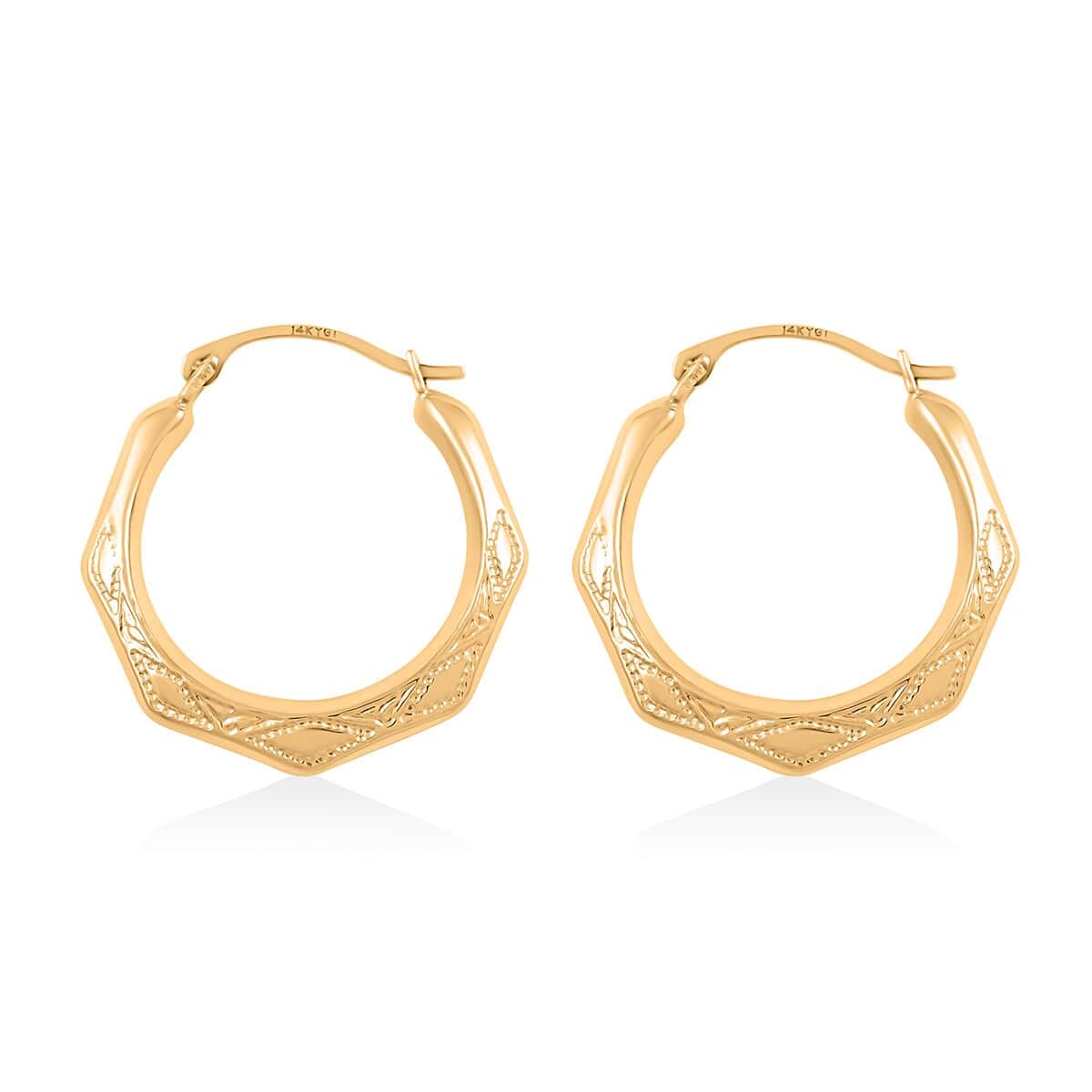 14K Yellow Gold Diamond-Cut Hexagon Hoop Earrings image number 3