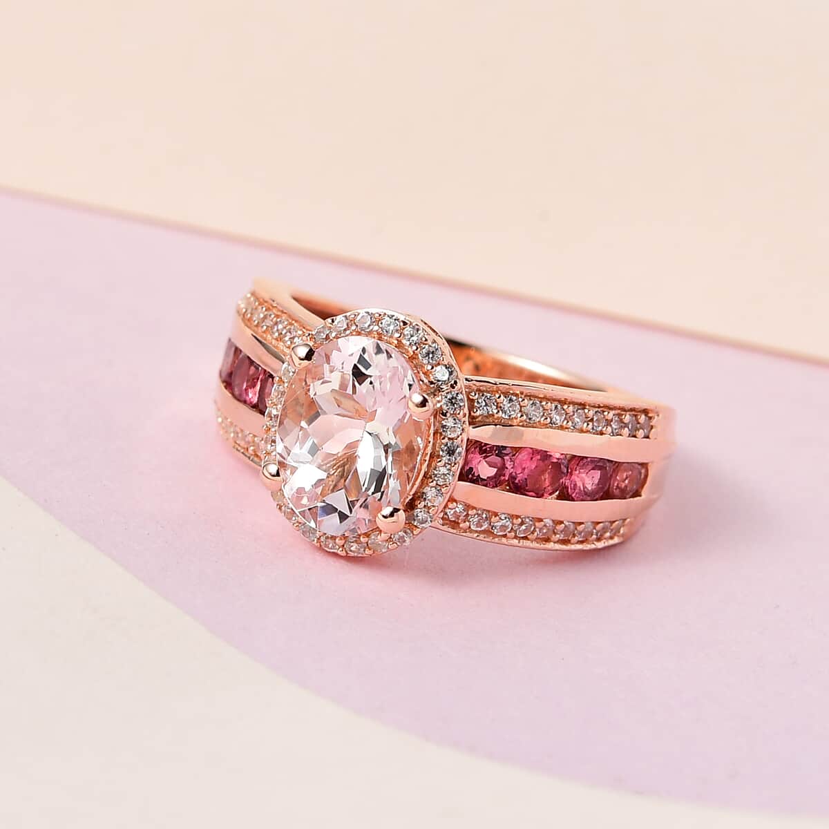 Pink Morganite and Multi Gemstone Halo Ring in Vermeil Rose Gold Over Sterling Silver 2.75 ctw (Del. In 5-7 Days) image number 1