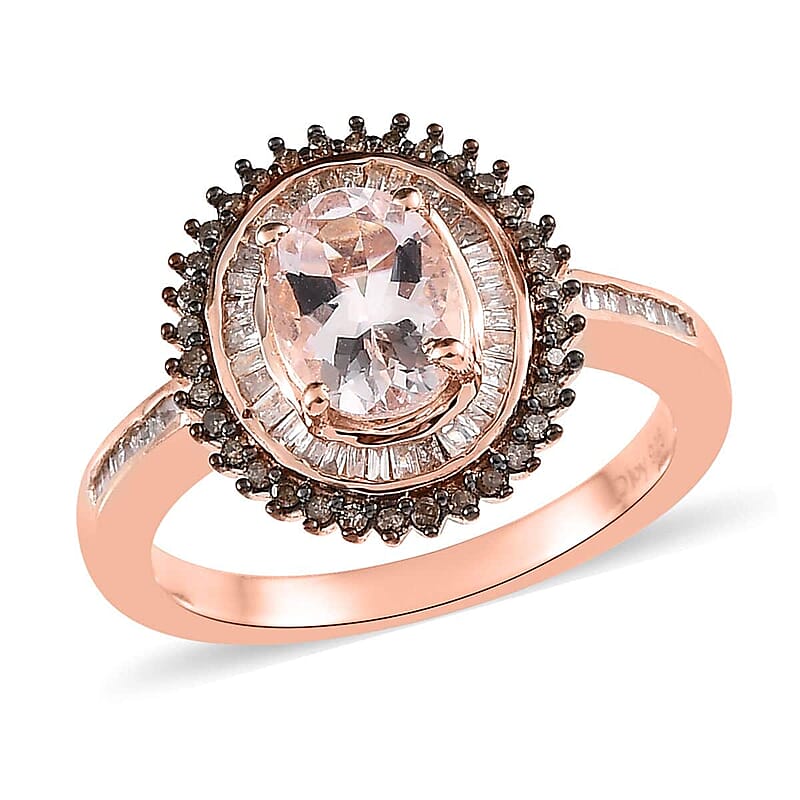 Pink Morganite, Natural Champagne and White Diamond Sunburst Ring in Vermeil Rose Gold Over Sterling Silver (Size 10.0) 1.50 ctw