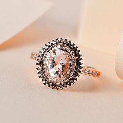 Pink Morganite, Natural Champagne and White Diamond Sunburst Ring in Vermeil Rose Gold Over Sterling Silver (Size 10.0) 1.50 ctw