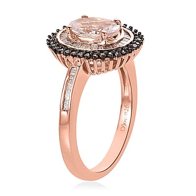 Pink Morganite, Natural Champagne and White Diamond Sunburst Ring in Vermeil Rose Gold Over Sterling Silver (Size 10.0) 1.50 ctw
