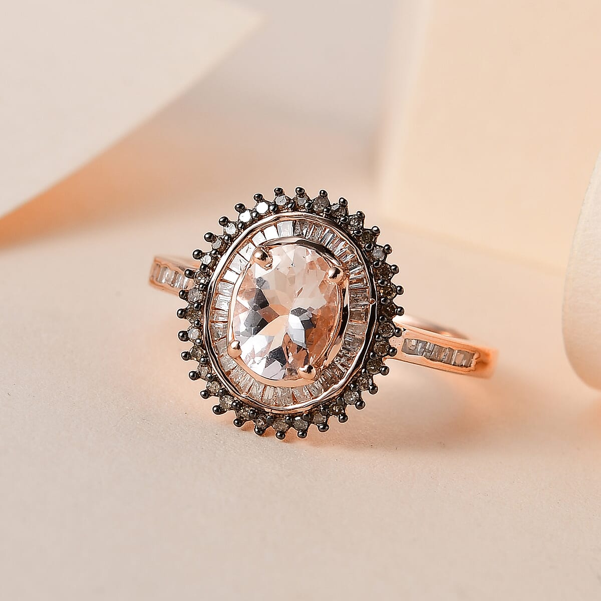 Pink Morganite, Natural Champagne and White Diamond Sunburst Ring in Vermeil Rose Gold Over Sterling Silver (Size 7.0) 1.50 ctw image number 1