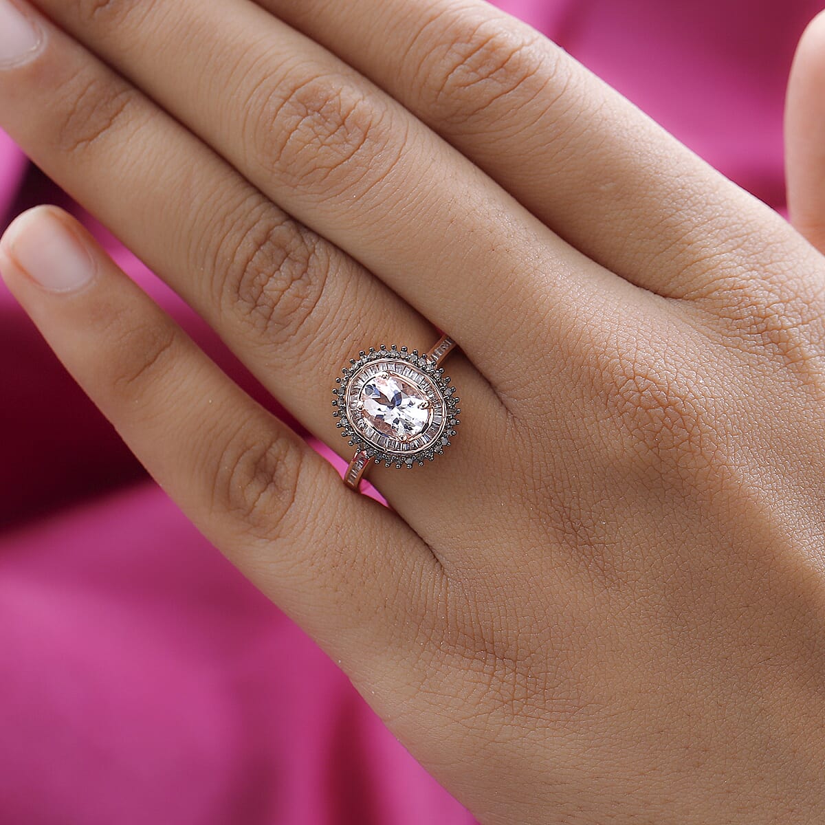 Pink Morganite, Natural Champagne and White Diamond Sunburst Ring in Vermeil Rose Gold Over Sterling Silver (Size 7.0) 1.50 ctw image number 2