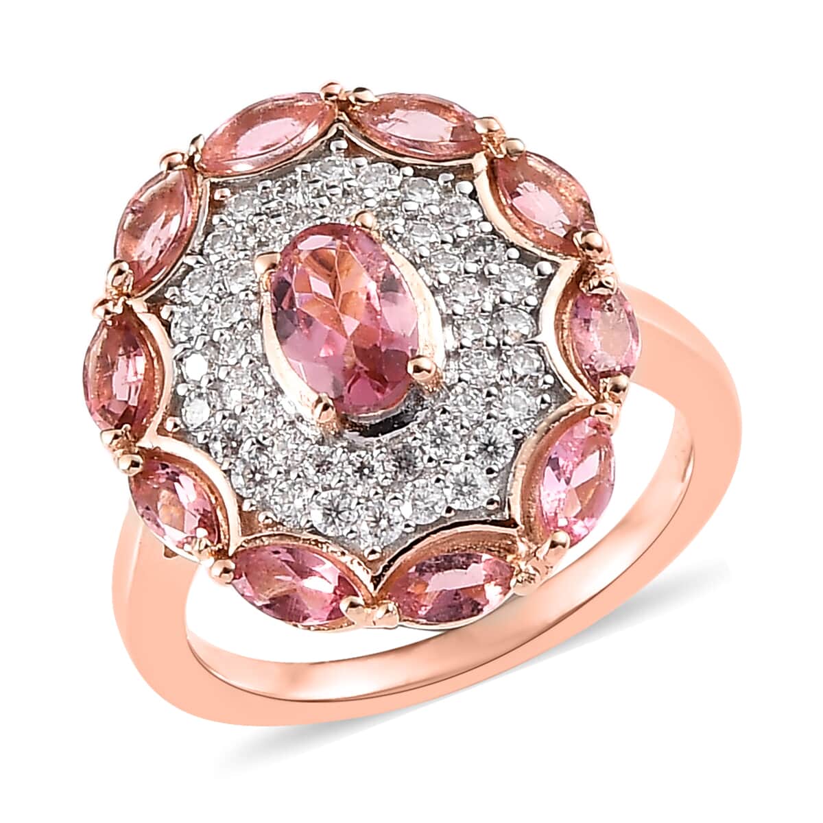 Premium Morro Redondo Pink Tourmaline, Moissanite Cocktail Ring Vermeil RG Over Sterling Silver (Size 10.0) 1.75 ctw image number 0