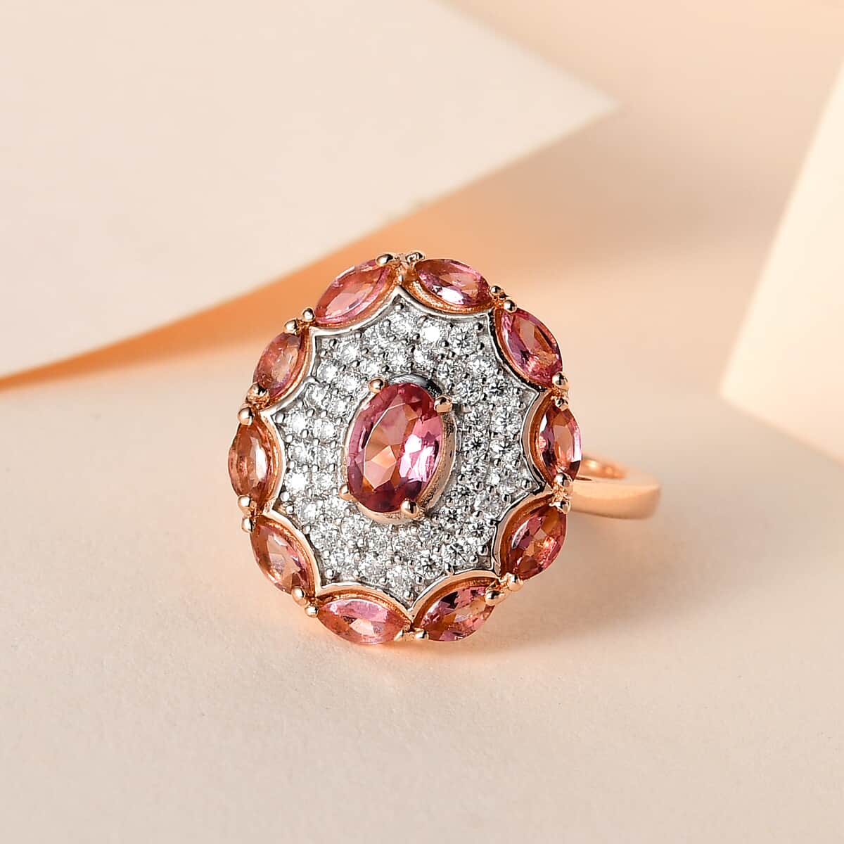 Premium Morro Redondo Pink Tourmaline, Moissanite Cocktail Ring Vermeil RG Over Sterling Silver (Size 10.0) 1.75 ctw image number 1