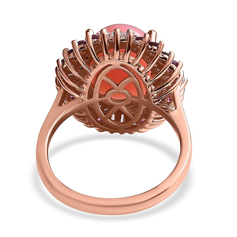 Premium Peruvian Pink Opal and Multi Gemstone Floral Ring in Vermeil Rose Gold Over Sterling Silver (Size 10.0) 6.35 ctw