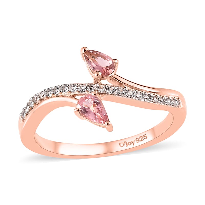Premium Morro Redondo Pink Tourmaline and White Zircon Bypass Ring in Vermeil Rose Gold Over Sterling Silver (Size 10.0) 0.60 ctw