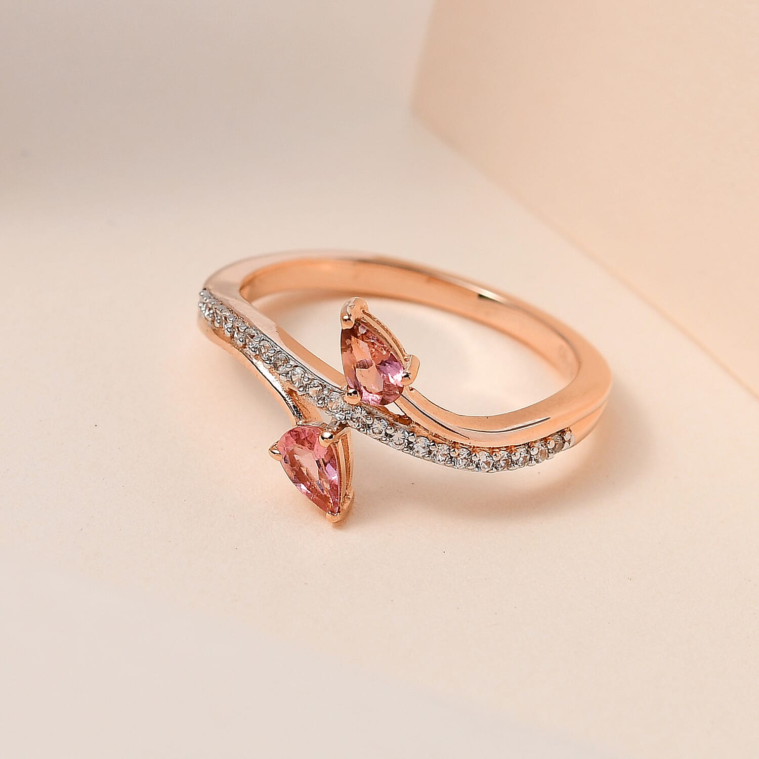 Premium Morro Redondo Pink Tourmaline and White Zircon Bypass Ring in Vermeil Rose Gold Over Sterling Silver (Size 10.0) 0.60 ctw
