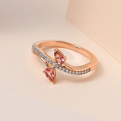 Premium Morro Redondo Pink Tourmaline and White Zircon Bypass Ring in Vermeil Rose Gold Over Sterling Silver (Size 10.0) 0.60 ctw