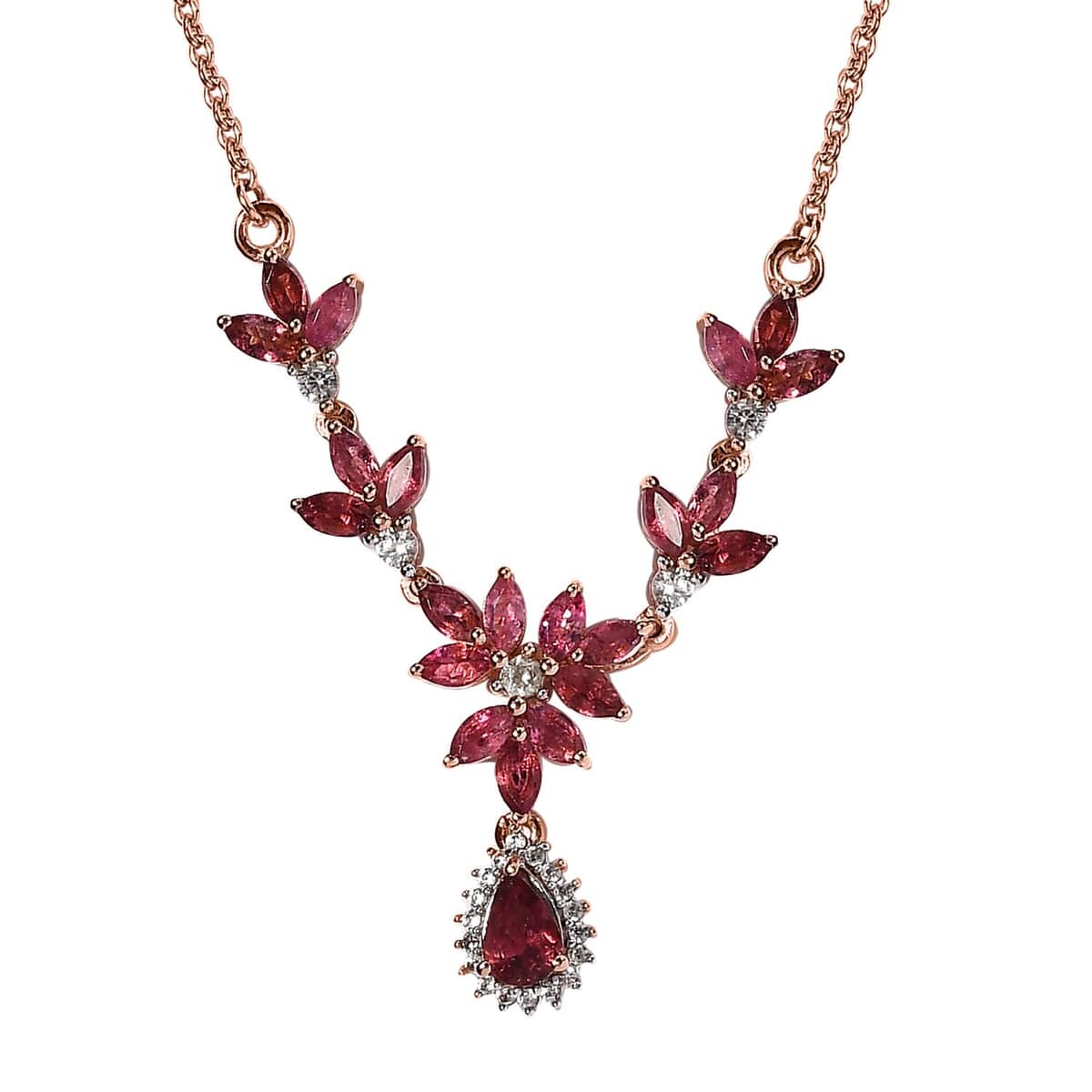 Premium Morro Redondo Pink Tourmaline and White Zircon Floral Necklace 20 Inches in Vermeil Rose Gold Over Sterling Silver 2.35 ctw image number 0