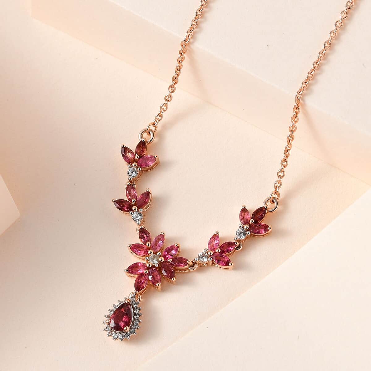 Premium Morro Redondo Pink Tourmaline and White Zircon Floral Necklace 20 Inches in Vermeil Rose Gold Over Sterling Silver 2.35 ctw image number 1