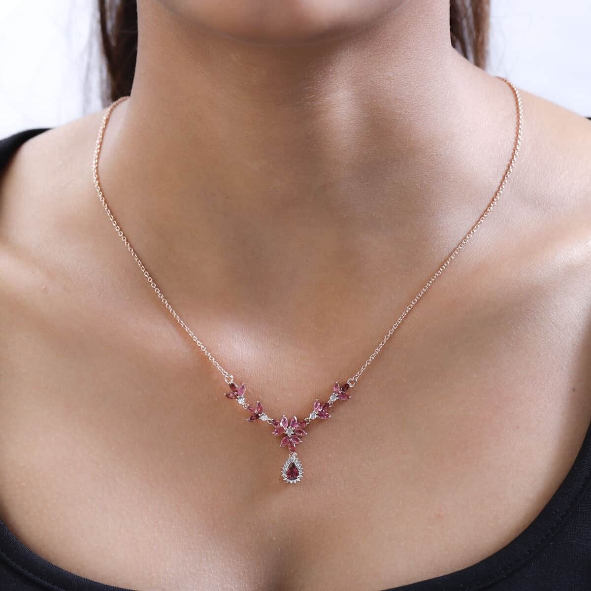 Premium Morro Redondo Pink Tourmaline and White Zircon Floral Necklace 20 Inches in Vermeil Rose Gold Over Sterling Silver 2.35 ctw image number 2