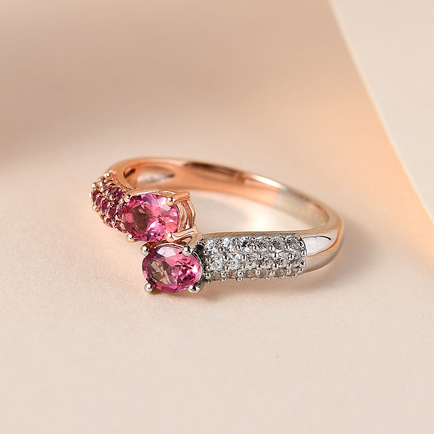 Premium Morro Redondo Pink Tourmaline and Multi Gemstone Bypass Ring in Vermeil RG and Platinum Over Sterling Silver (Size 10.0) 1.15 ctw