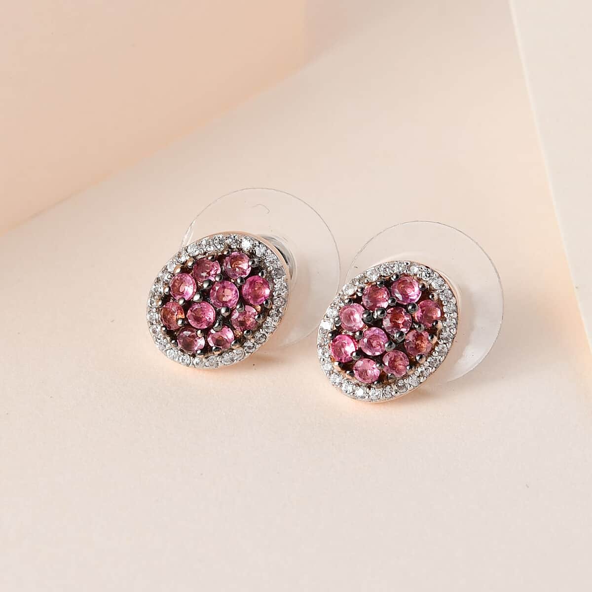 Premium Morro Redondo Pink Tourmaline and White Zircon Stud Earrings in Vermeil Rose Gold Over Sterling Silver 0.90 ctw image number 1