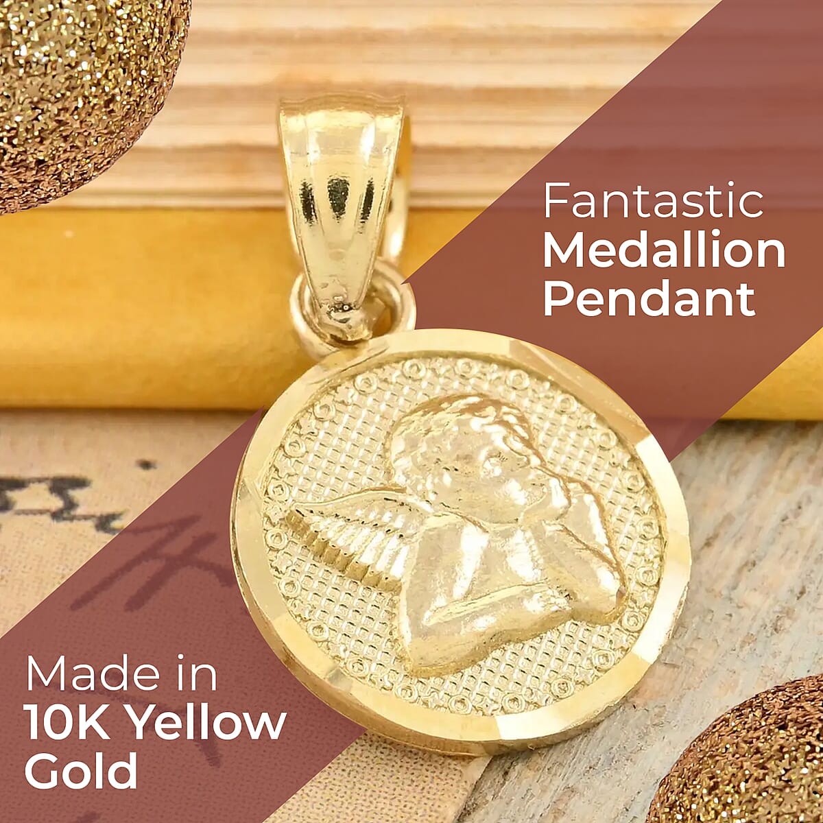 Made in America 10K Yellow Gold Cupid Medallion Pendant image number 1