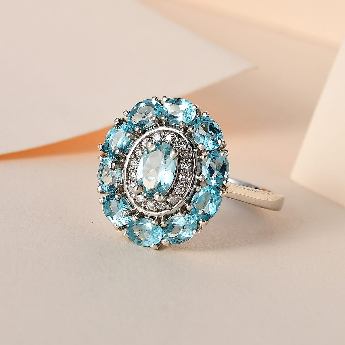 Madagascar Paraiba Apatite and Moissanite Halo Ring in Platinum Over Sterling Silver (Size 9.0) 2.65 ctw image number 1