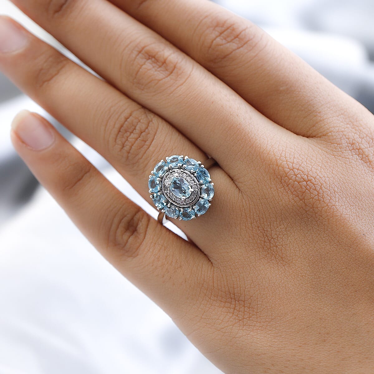 Madagascar Paraiba Apatite and Moissanite Halo Ring in Platinum Over Sterling Silver (Size 9.0) 2.65 ctw image number 2