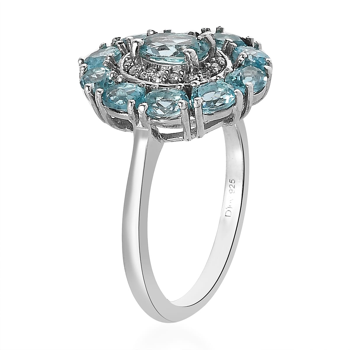 Madagascar Paraiba Apatite and Moissanite Halo Ring in Platinum Over Sterling Silver (Size 9.0) 2.65 ctw image number 3