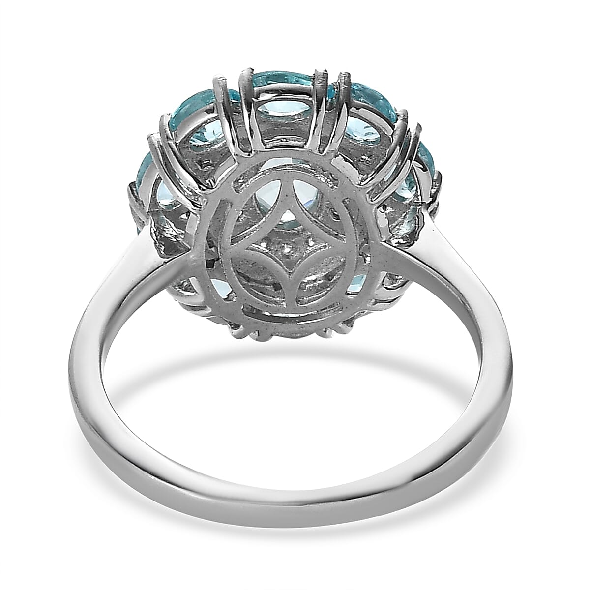 Madagascar Paraiba Apatite and Moissanite Halo Ring in Platinum Over Sterling Silver (Size 9.0) 2.65 ctw image number 4
