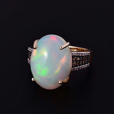 Luxoro 14K Rose Gold AAA Ethiopian Welo Opal, I3 Natural Champagne and White Diamond Ring (Size 8.0) 4.20 Grams 10.35 ctw