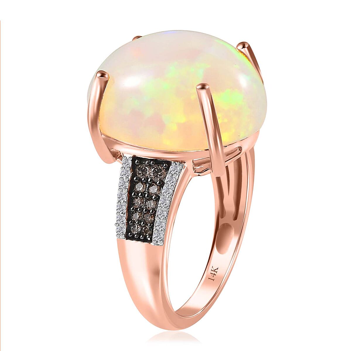 Luxoro 14K Rose Gold AAA Ethiopian Welo Opal, I3 Natural Champagne and White Diamond Ring (Size 8.0) 4.20 Grams 10.35 ctw image number 3