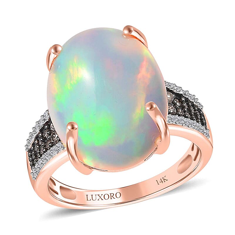 Luxoro 14K Rose Gold AAA Ethiopian Welo Opal, I3 Natural Champagne and White Diamond Ring (Size 9.0) 4.20 Grams 10.35 ctw