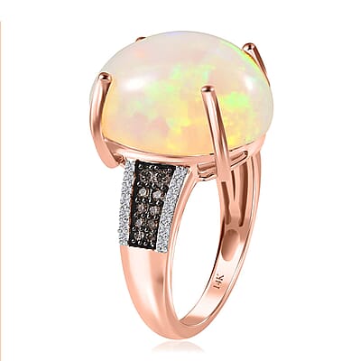 Luxoro 14K Rose Gold AAA Ethiopian Welo Opal, I3 Natural Champagne and White Diamond Ring (Size 9.0) 4.20 Grams 10.35 ctw