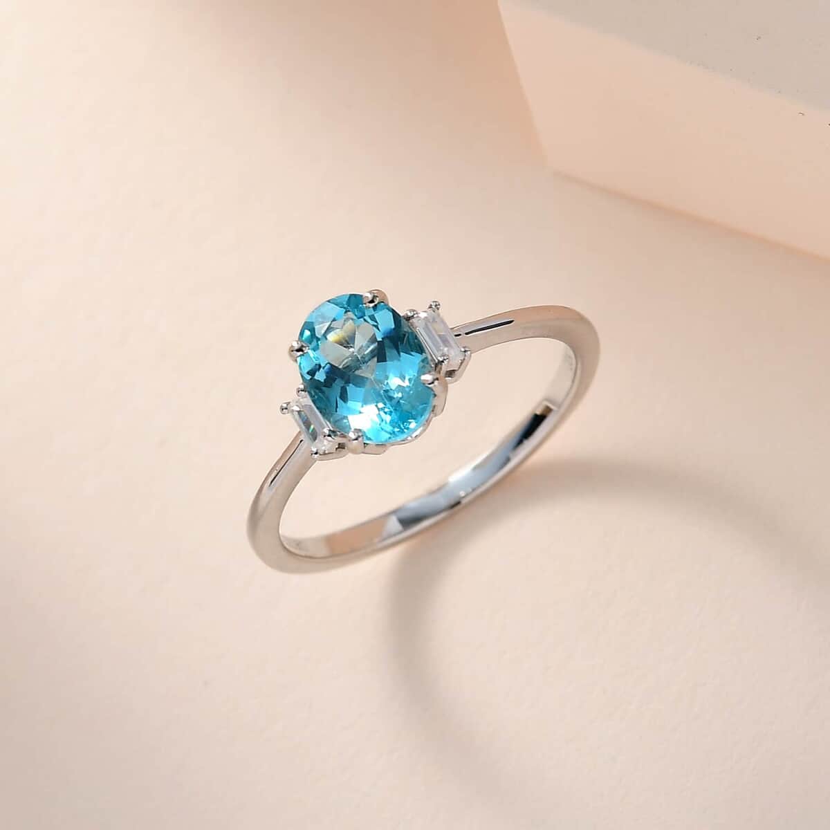 Luxoro 10K White Gold Premium Madagascar Paraiba Apatite and Moissanite Ring (Size 10.0) 1.35 ctw image number 1