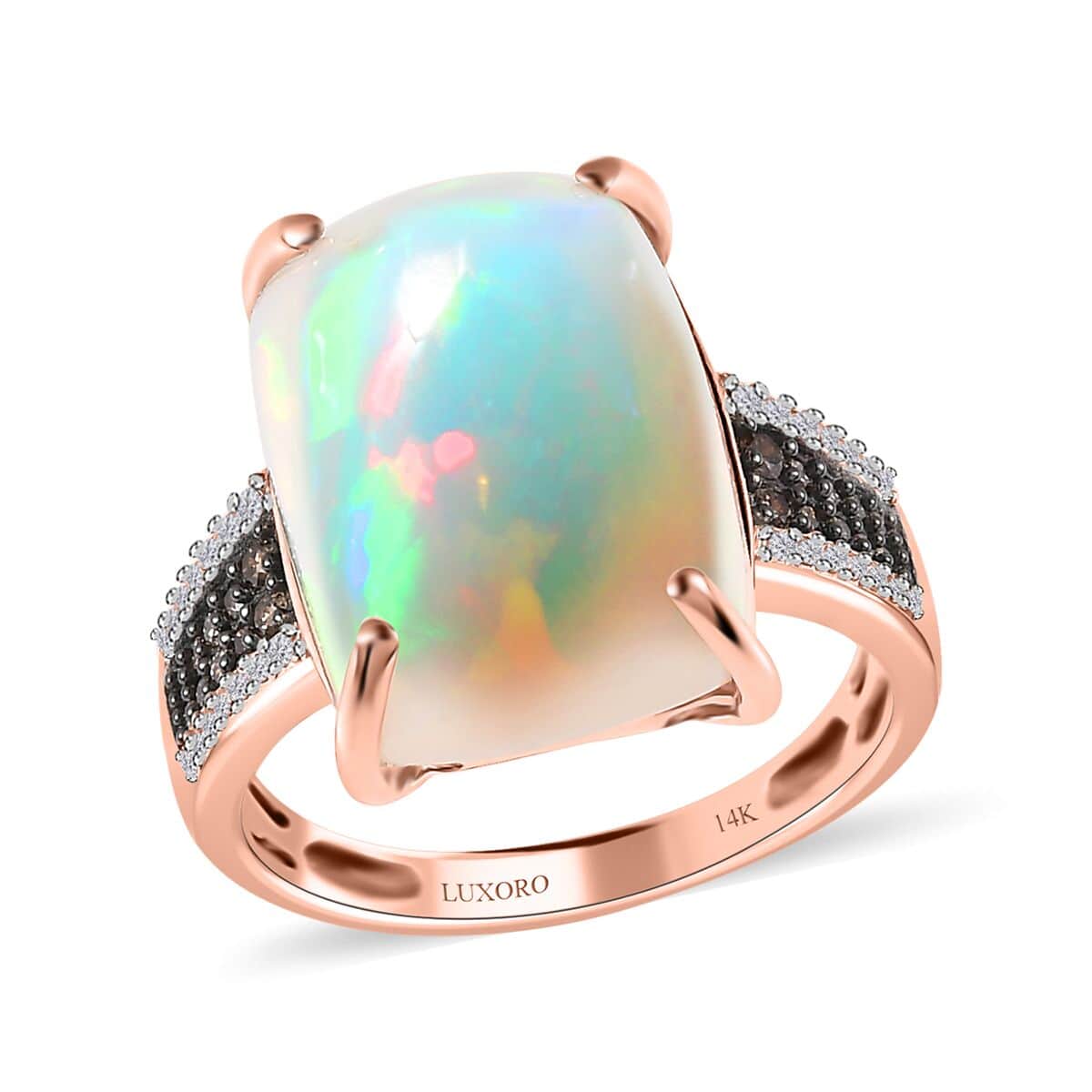 Luxoro 14K Rose Gold AAA Ethiopian Welo Opal, I3 Natural Champagne and White Diamond Ring (Size 6.0) 10.65 ctw image number 0