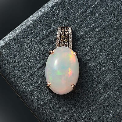 Luxoro 14K Rose Gold AAA Ethiopian Welo Opal, I3 Natural Champagne and White Diamond Pendant 10.20 ctw