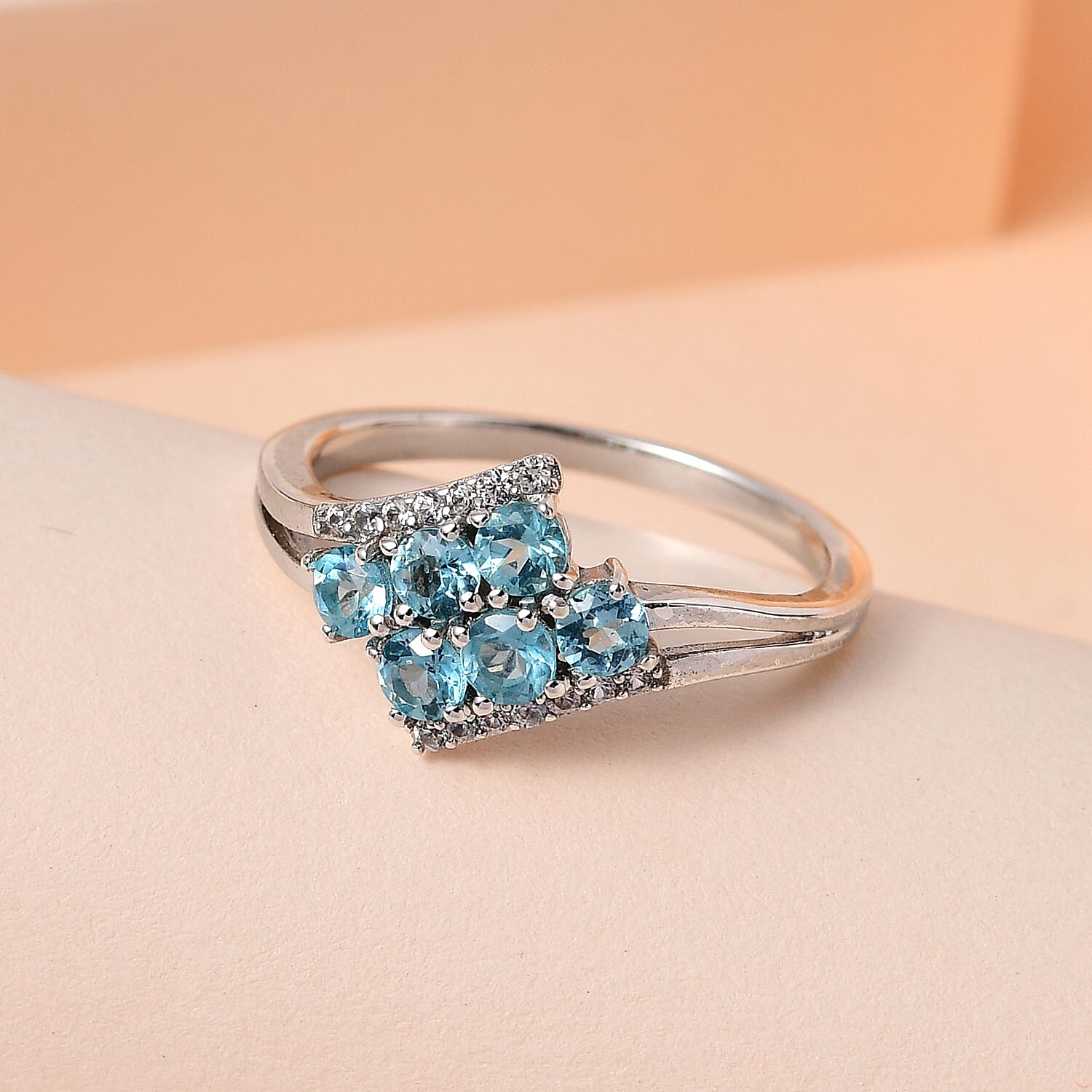 Madagascar Paraiba Apatite and White Zircon Ring in Platinum Over Sterling Silver (Size 10.0) 0.85 ctw