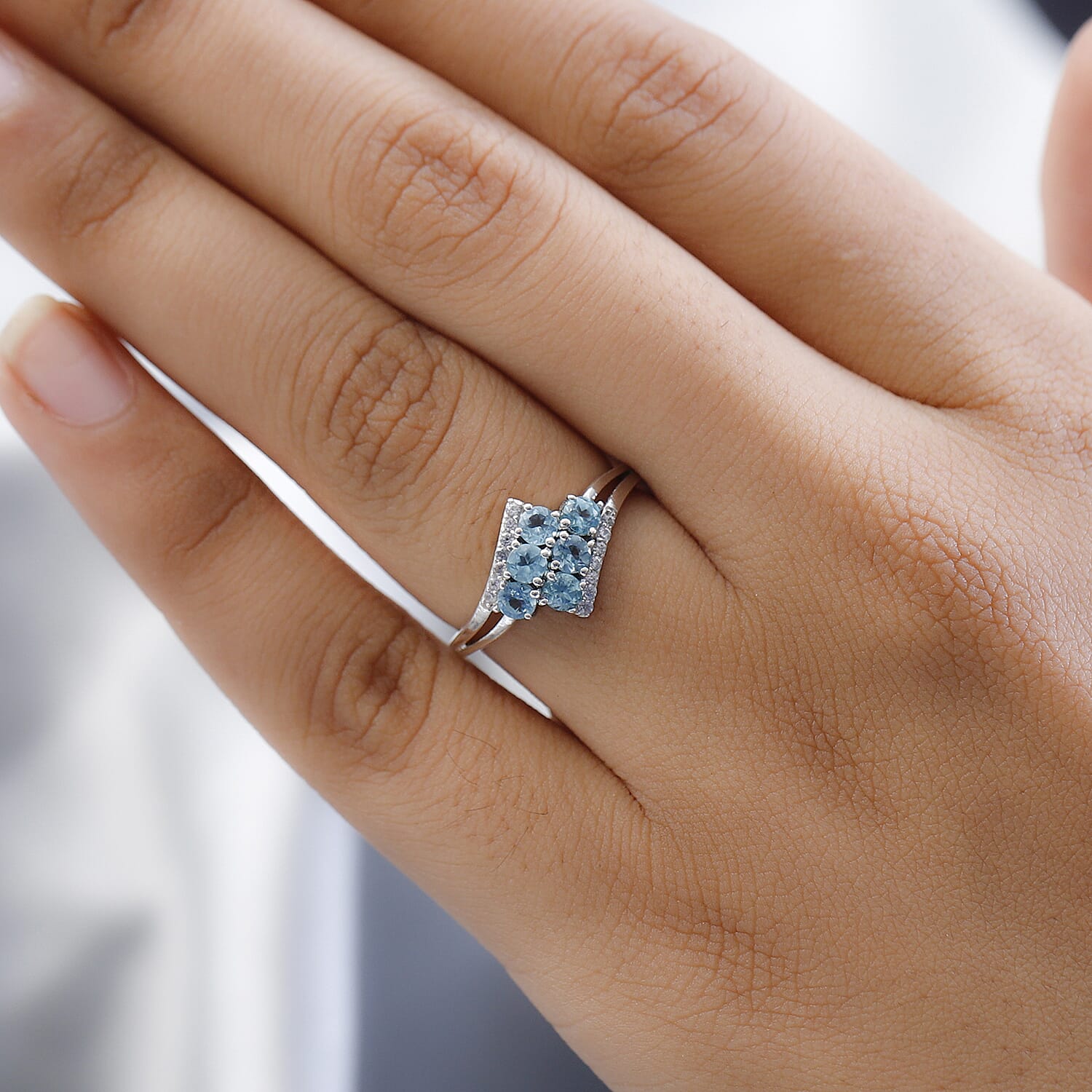 Madagascar Paraiba Apatite and White Zircon Ring in Platinum Over Sterling Silver (Size 10.0) 0.85 ctw