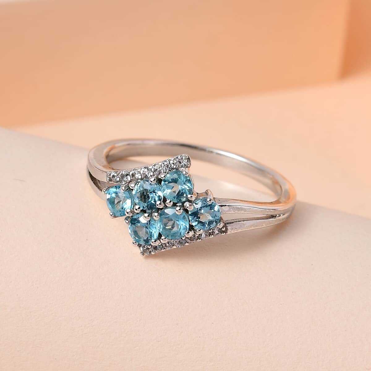 Madagascar Paraiba Apatite and White Zircon Ring in Platinum Over Sterling Silver (Size 7.0) 0.85 ctw image number 1