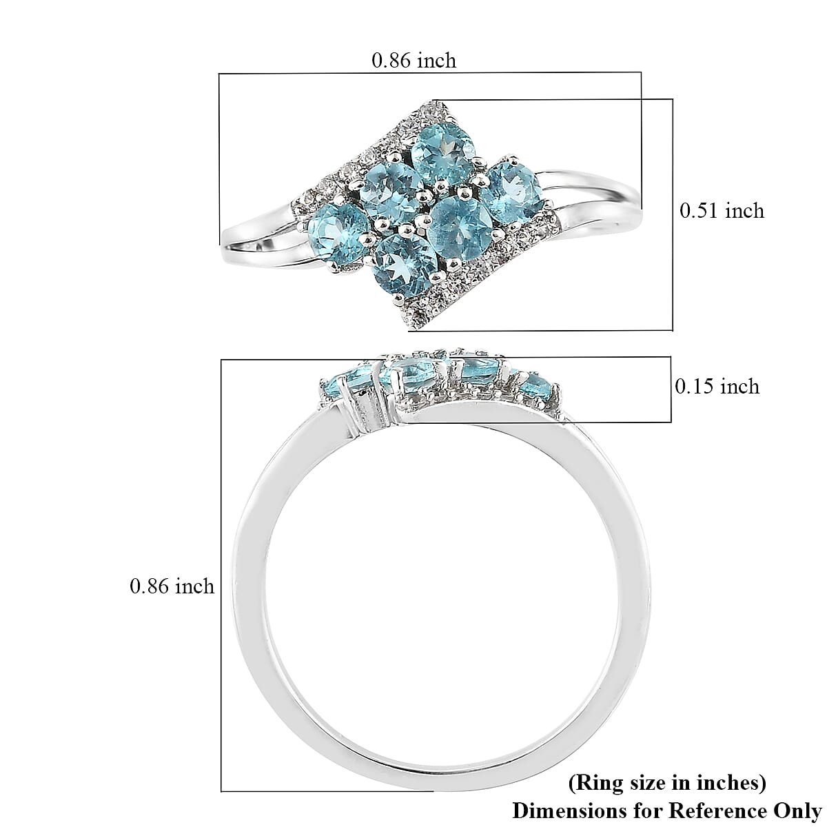 Madagascar Paraiba Apatite and White Zircon Ring in Platinum Over Sterling Silver (Size 9.0) 0.85 ctw image number 4