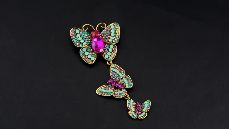 Multi Color Austrian Crystal Butterfly Brooch in Goldtone