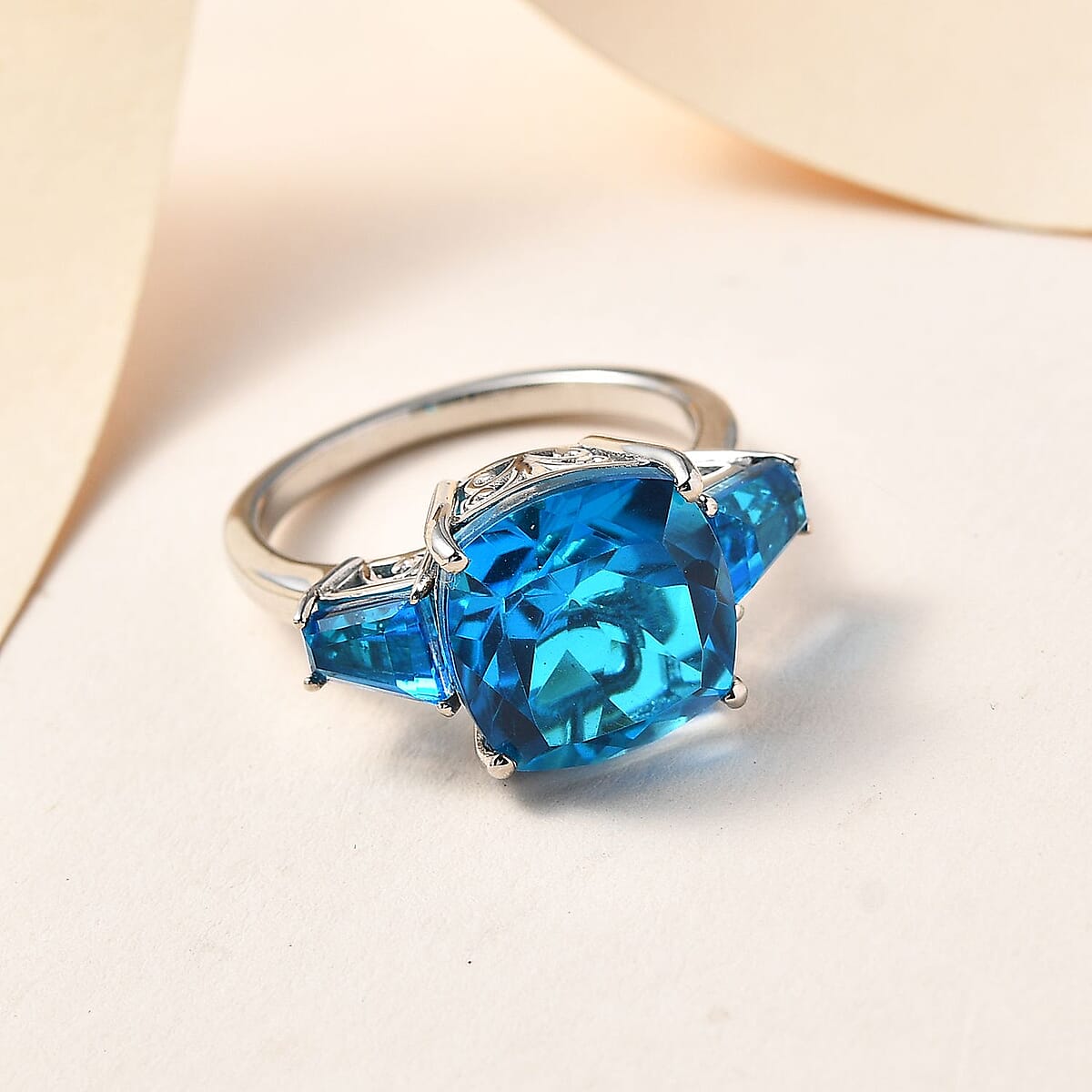 Caribbean Quartz (Triplet) 3 Stone Ring in Platinum Over Sterling Silver (Size 8.0) 9.10 ctw image number 1