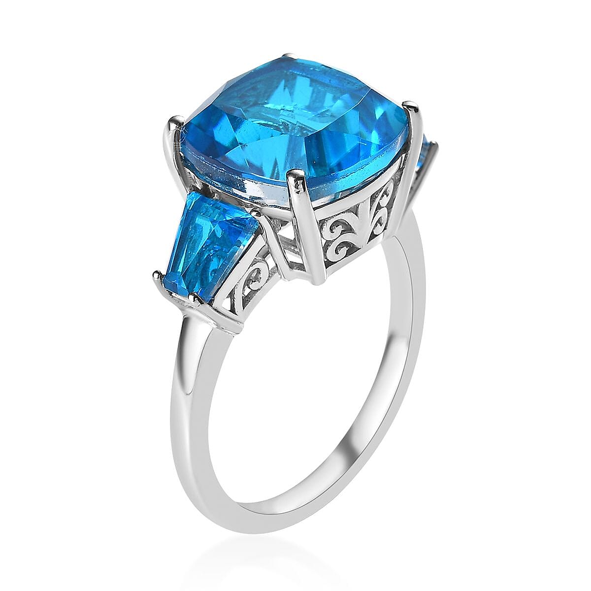 Caribbean Quartz (Triplet) 3 Stone Ring in Platinum Over Sterling Silver (Size 8.0) 9.10 ctw image number 3