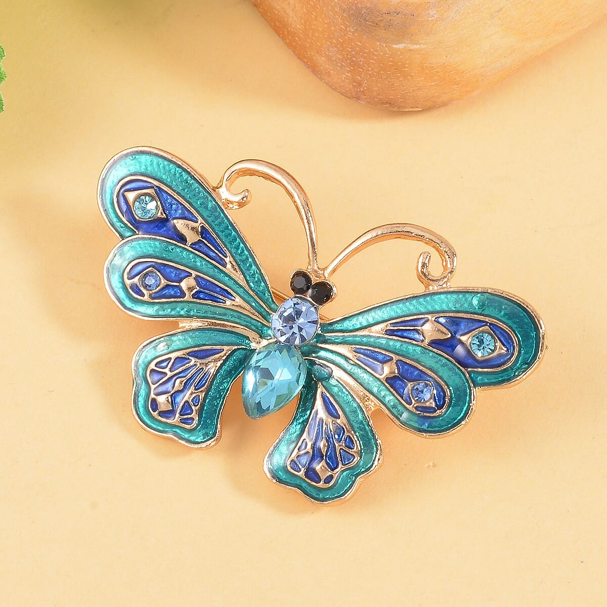 Blue and Black Austrian Crystal, Enameled Butterfly Brooch in Goldtone image number 1