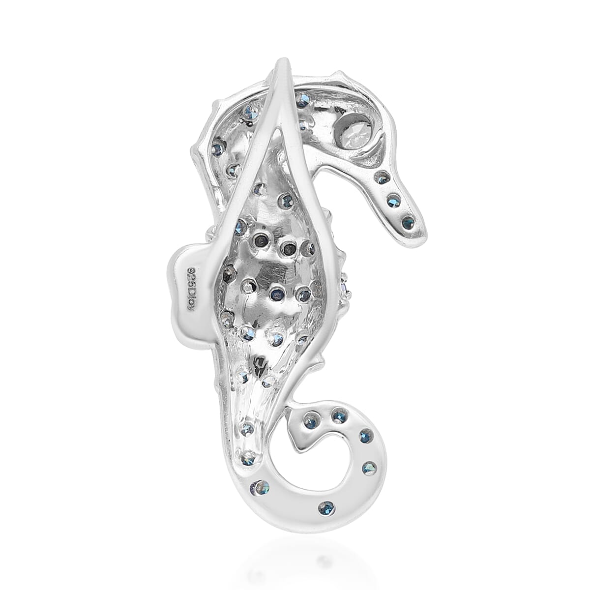 Blue and White Diamond Seahorse Pendant in Rhodium and Platinum Over Sterling Silver 0.30 ctw image number 4