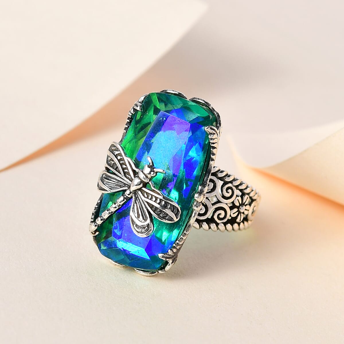 Artisan Crafted Peacock Quartz (Triplet) Dragonfly Ring in Sterling Silver (Size 11.0) 14.15 ctw image number 1